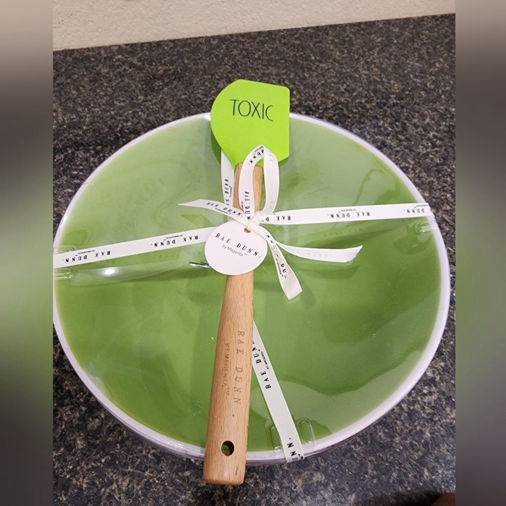 RAE Dunn MAGIC POTION Mixing Bowl white black with TOXIC green spatula - Picture 2 of 2